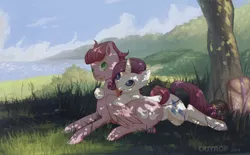 Size: 1024x634 | Tagged: safe, artist:ouyrof, derpibooru import, rarity, oc, oc:kydose, pegasus, pony, unicorn, canon x oc, field, grass, hug, love, ocean, raridose, shade, shipping, snuggling, tree