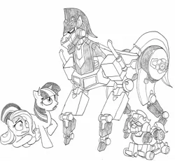 Size: 1834x1690 | Tagged: artist:terry, bumblebee, color me, crossover, derpibooru import, fluttershy, grayscale, monochrome, optimus prime, rocking horse, safe, traditional art, transformers, twilight sparkle