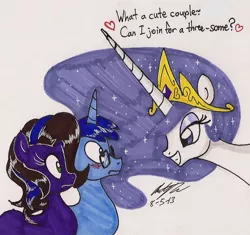 Size: 1106x1041 | Tagged: artist:newyorkx3, blushing, derpibooru import, glasses, heart, john joseco, memj0123, oc, oc:gem, princess celestia, princess molestia, safe, traditional art