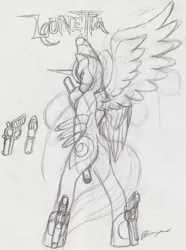 Size: 557x750 | Tagged: safe, artist:lunarlight-prism, derpibooru import, princess luna, pony, bayonetta, bipedal, crossover, monochrome, solo, traditional art