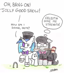 Size: 1294x1471 | Tagged: safe, artist:bobthedalek, derpibooru import, octavia melody, vinyl scratch, earth pony, pony, unicorn, british, classy, clothes, croquet, croquet mallet, dress, duo, female, funny, hat, monocle, mouth hold, parody, thunderbirds, top hat, traditional art