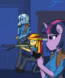 Size: 1500x1800 | Tagged: safe, artist:xonitum, derpibooru import, sunset shimmer, trixie, twilight sparkle, anthro, unicorn, equestria girls, counterparts, crossover, female, gun, horn, magical trio, mug, optical sight, peanut butter crackers, rifle, sniper, sniper rifle, team fortress 2, teeth, text, twilight's counterparts, weapon