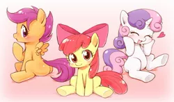 Size: 1000x587 | Tagged: dead source, safe, artist:azuharu, derpibooru import, apple bloom, scootaloo, sweetie belle, earth pony, pegasus, pony, unicorn, :3, :o, adorabloom, blushing, bow, cute, cutealoo, cutie mark crusaders, diasweetes, eyes closed, female, filly, hair bow, looking at you, looking back, open mouth, sitting, smiling, squishy cheeks, underhoof