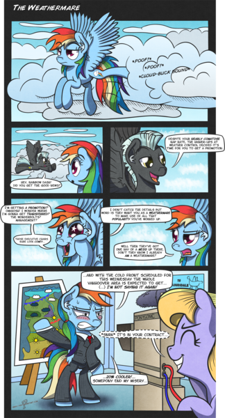 Size: 2596x4809 | Tagged: safe, artist:gray--day, derpibooru import, cloud kicker, rainbow dash, thunderlane, pony, 20% cooler, alternate hairstyle, angry, bipedal, blushing, clothes, comic, eyes closed, forecast, kill me, meteorologist, smiling, smirk, smug, starry eyes, suit, sweat, television, video camera, wingding eyes
