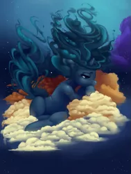 Size: 979x1294 | Tagged: safe, artist:verrmont, derpibooru import, oc, oc:cimmerian, unofficial characters only, pony, unicorn, blank flank, cloud, cloud mane, cloudy, mane, night, solo, surreal