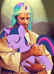 Size: 347x476 | Tagged: christlestia, derpibooru import, hug, human, irl, irl human, jesus christ, photo, ponified, princess celestia, safe, twilight sparkle