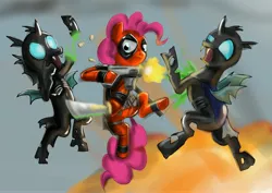 Size: 4092x2893 | Tagged: semi-grimdark, artist:pinkie-pool, derpibooru import, pinkie pie, changeling, earth pony, pony, amputation, ask-pinkie-pool, blood, deadpool, green blood, gun, pinkiepool, severed hoof, severed limb, sword, weapon