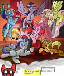 Size: 2440x2905 | Tagged: safe, artist:mr-darkblade, derpibooru import, applejack, fluttershy, pinkie pie, rainbow dash, rarity, twilight sparkle, twilight sparkle (alicorn), ponified, alicorn, pony, crossover, deadpool, deadpool gets all the mares, female, harem, mare, pinkiepool (pairing), ponytail