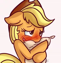 Size: 600x621 | Tagged: safe, artist:nolycs, derpibooru import, applejack, earth pony, pony, blushing, blushing profusely, cute, female, freckles, hat, jackabetes, mare, pillow, pillow hug, simple background, solo, white background