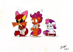 Size: 500x358 | Tagged: artist needed, safe, derpibooru import, apple bloom, scootaloo, sweetie belle, pony, robot, unicorn, adventures of sonic the hedgehog, crossover, cutie mark crusaders, doctor eggman, female, filly, floppy ears, foal, grounder, hooves, horn, open mouth, pingas, scootabot, scootachicken, scratch (aosth), simple background, sitting, sonic the hedgehog (series), sweetie bot, teeth, white background