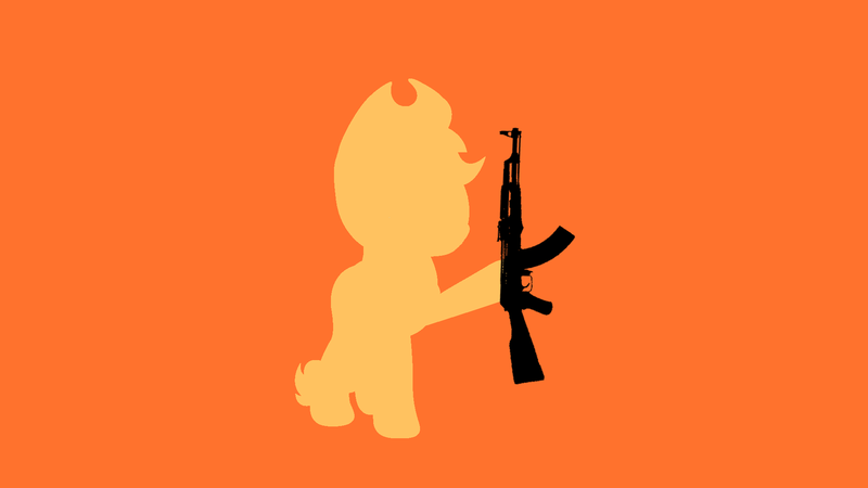 Size: 1920x1080 | Tagged: ak-47, applejack, derpibooru import, minimalist, safe, silhouette, simple background, solo, wallpaper, weapon