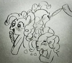 Size: 654x575 | Tagged: suggestive, derpibooru import, pinkie pie, pony, askharajukupinkiepie, blushing, cute, diapinkes, eating, female, food, foodplay, heart, implied blowjob, implied oral, implied sex, licking, mare, monochrome, tongue out, traditional art