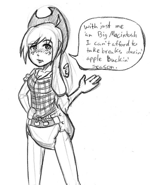 Size: 600x737 | Tagged: applejack, artist:geotastic, breasts, cleavage, cutie mark diapers, diaper, diaper fetish, female, human, humanized, monochrome, questionable, solo, solo female