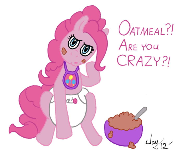 Size: 900x783 | Tagged: artist:jaymanney4life, bib, diaper, diaper fetish, oatmeal, pinkie pie, poofy diaper, questionable, solo