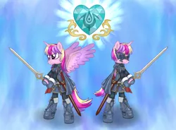 Size: 2300x1697 | Tagged: safe, artist:theculturewarrior, derpibooru import, princess cadance, pony, bipedal, clothes, crossover, crystal heart, falchion, fire emblem, lucina, mask, parody, sword