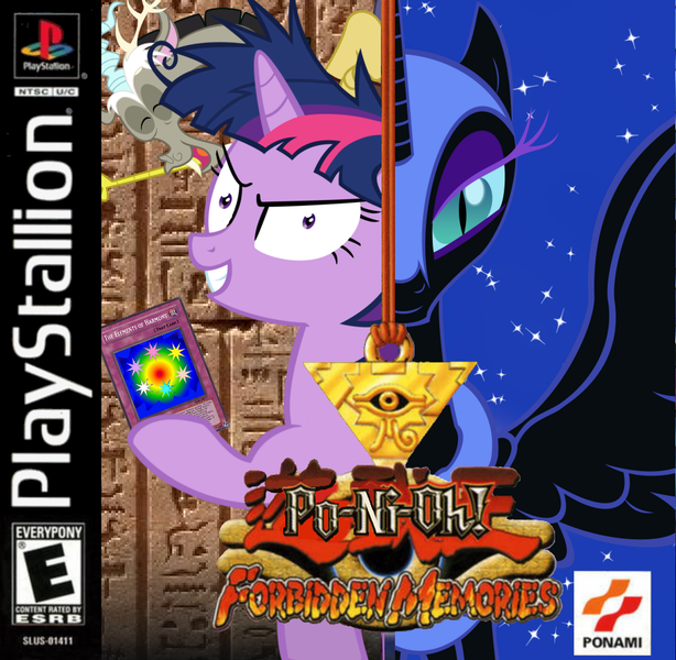 Size: 900x880 | Tagged: safe, artist:nickyv917, derpibooru import, discord, nightmare moon, twilight sparkle, elements of harmony, game cover, image, konami, millennium puzzle, parody, playstation, png, twilight snapple, yu-gi-oh!