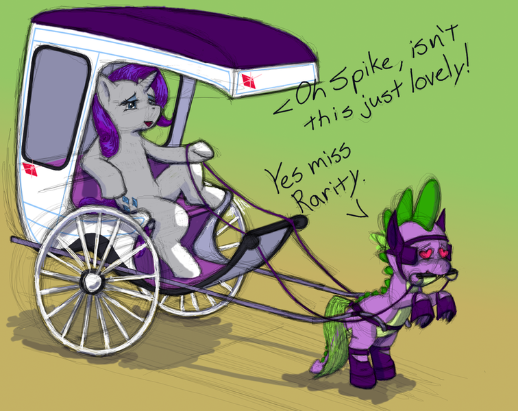 Size: 1003x796 | Tagged: questionable, artist:otterillustrating, derpibooru import, rarity, spike, bedroom eyes, bit, bit gag, blinders, bondage, bondage mitts, bridle, carriage, dialogue, female, femdom, gag, heart eyes, hooves, male, malesub, open mouth, pony play, raridom, reins, shipping, slave, smiling, sparity, straight, submissive, wingding eyes