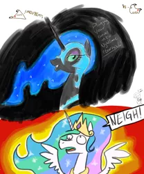 Size: 2500x3000 | Tagged: safe, artist:enma-darei, derpibooru import, nightmare moon, princess celestia, alicorn, pony, :p, :t, condiment, condiments, derp, female, grin, lidded eyes, mare, neigh, open mouth, simple background, smiling, spread wings, tongue out, wat, white background, wings
