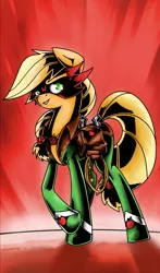 Size: 963x1642 | Tagged: applejack, artist:europamaxima, clothes, costume, crossed hooves, derpibooru import, mistress marevelous, power ponies, safe, season 4, solo, speculation