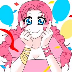 Size: 500x500 | Tagged: safe, artist:apzzang, derpibooru import, pinkie pie, human, balloon, blushing, blush sticker, bust, colored pupils, confetti, cute, diapinkes, humanized, looking at you, no nose, simple background, smiling, solo, streamers, white background