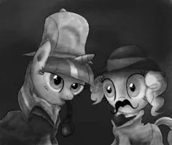 Size: 800x674 | Tagged: artist:hewison, bowler hat, derpibooru import, detective, hat, monochrome, moustache, pinkie pie, pipe, safe, sherlock holmes, twilight sparkle