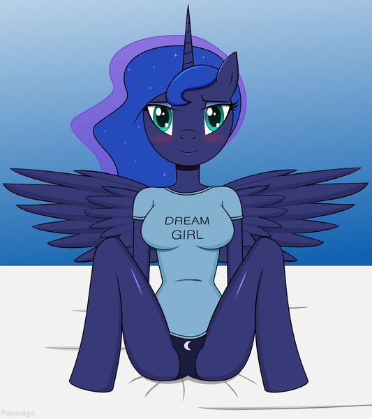 Size: 1008x1134 | Tagged: anthro, artist:ponedge, blushing, breasts, clothes, derpibooru import, female, magic shirt, panties, princess luna, questionable, shirt, solo, solo female, underwear