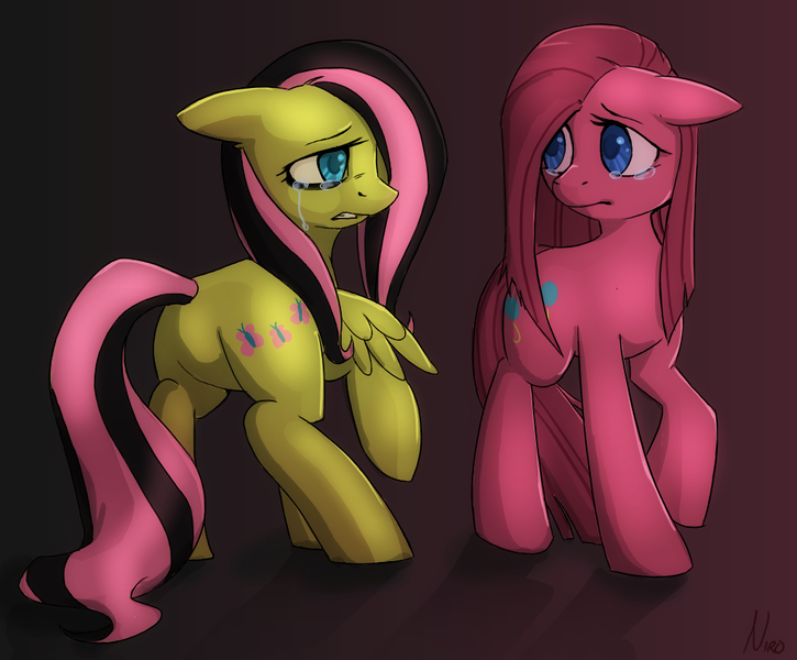 Size: 1024x848 | Tagged: safe, artist:xnir0x, derpibooru import, fluttershy, pinkie pie, earth pony, pegasus, pony, crying, cutie mark, emo, emoshy, female, gradient background, looking at each other, mare, pinkamena diane pie, raised hoof, sad, wings