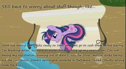 Size: 1061x587 | Tagged: bench, cthulhu, derpibooru import, edit, edited screencap, hub logo, insane pony thread, lesson zero, meteor, overhead view, paranoia, petting, safe, screencap, solo, tumblr, twilight snapple, twilight sparkle, zombie