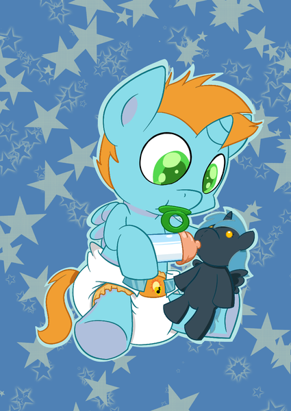 Size: 883x1248 | Tagged: safe, artist:artiecanvas, derpibooru import, oc, oc:harmony star, unofficial characters only, alicorn, pony, alicorn oc, baby, baby pony, bottle, cutie mark diapers, diaper, foal, pacifier, plushie, poofy diaper, solo