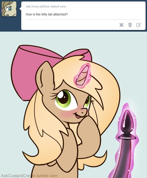 Size: 700x850 | Tagged: questionable, artist:biscuitpone, derpibooru import, oc, oc:custard cream, unofficial characters only, pony, unicorn, ask custard cream, anal tail plug, blushing, buttplug, levitation, magic, sex toy, solo, telekinesis, tumblr