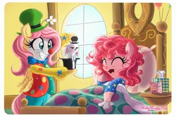 Size: 2571x1710 | Tagged: safe, artist:willisninety-six, derpibooru import, angel bunny, fluttershy, pinkie pie, pony, bed, bed mane, bipedal, blanket, card, caring for the sick, clothes, clown, clown makeup, clown nose, clown outfit, cold, costume, cute, eyes closed, flutterclown, friendshipping, grin, happy, hat, hilarious in hindsight, hoof hold, laughing, messy mane, open mouth, pajamas, shyabetes, sick, smiling, squee, tissue, tissue box, unamused, window