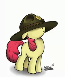 Size: 2500x3000 | Tagged: apple bloom, artist:mattings, campaign hat, clothes, derpibooru import, drill sergeant, hat, oversized clothes, safe, solo
