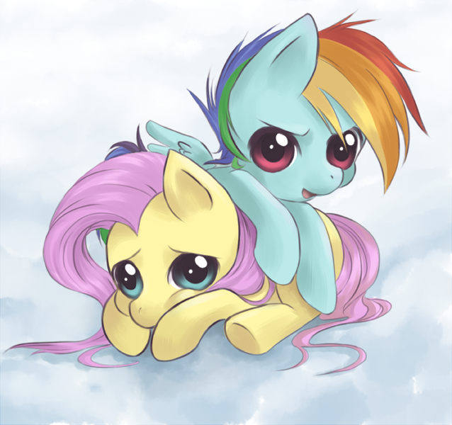 Size: 700x658 | Tagged: artist:cielaart, cute, derpibooru import, duo, filly, fluttershy, looking at you, lying down, rainbow dash, safe, younger