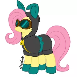 Size: 500x500 | Tagged: safe, artist:xipronewb, derpibooru import, edit, fluttershy, pegasus, pony, bunny ears, clothes, cute, dangerous mission outfit, female, goggles, hoodie, mare, remake, simple background, solo, white background
