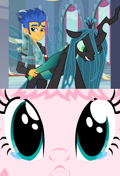 Size: 650x951 | Tagged: questionable, derpibooru import, flash sentry, queen chrysalis, oc, oc:fluffle puff, changeling, equestria girls, :c, crying, cuckolding, cuckquean, exploitable meme, frown, grin, smiling, waifu thief