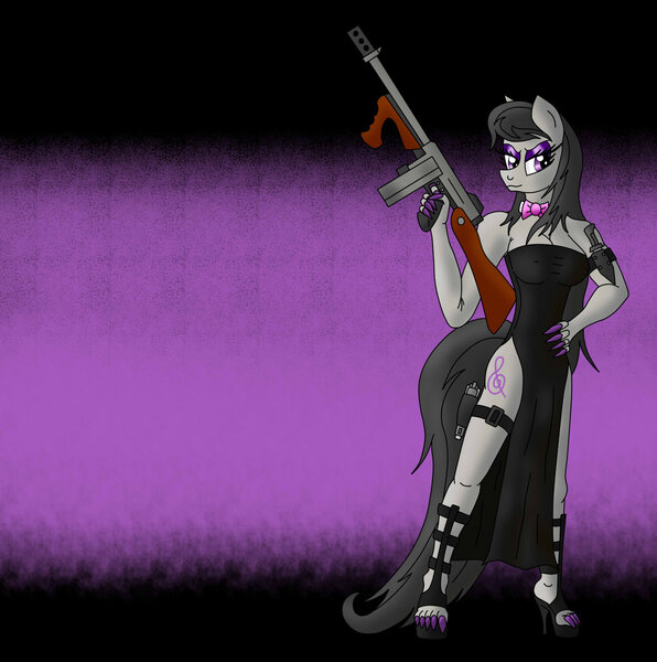 Size: 1600x1611 | Tagged: anthro, artist:goldwing93, breasts, clothes, derpibooru import, dress, feet, female, gun, high heels, knife, mafia octavia, no trigger discipline, octavia melody, plantigrade anthro, sexy, solo, solo female, submachinegun, suggestive, tommy gun, weapon