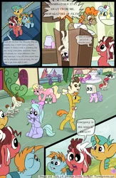 Size: 1300x2000 | Tagged: safe, artist:smudge proof, derpibooru import, berry punch, berryshine, carrot cake, cheerilee, diamond tiara, doctor muffin top, featherweight, flitter, hippocrates, horse md, lily, lily valley, nurse coldheart, nurse snowheart, nurse sweetheart, nursery rhyme, pound cake, snails, snips, thunderlane, twist, oc, earth pony, pegasus, pony, unicorn, comic:heads and tails, comic, everypony in this town is crazy, female, flower, male, mare, ponyville, preening, saddle bag, stallion
