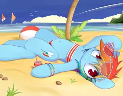 Size: 1181x919 | Tagged: artist:grumblepluck, beach, beach ball, belly button, bikini, clothes, dead source, derpibooru import, female, panties, rainbow dash, semi-anthro, soda, soda can, solo, solo female, suggestive, sunglasses, swimsuit