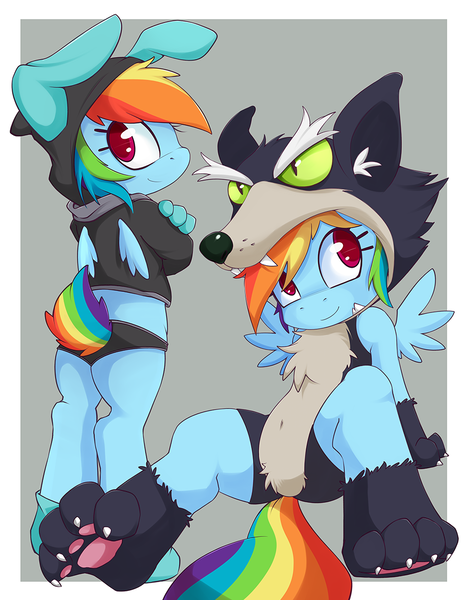 Size: 919x1181 | Tagged: suggestive, artist:grumblepluck, derpibooru import, rainbow dash, anthro, pegasus, rabbit, wolf, anthro ponidox, belly button, bunny ears, clothes, cosplay, costume, cute, dangerous mission outfit, female, hoodie, looking at you, looking back, looking back at you, paw gloves, rainbow dash always dresses in style, short tail, smiling, solo, solo female, wolf costume