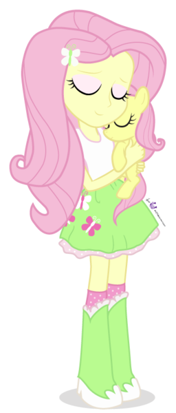 Size: 350x820 | Tagged: safe, artist:dm29, derpibooru import, fluttershy, pony, equestria girls, cute, duality, duo, female, filly, filly fluttershy, hnnng, holding a pony, hug, human ponidox, image, julian yeo is trying to murder us, png, pony pet, simple background, snuggling, square crossover, transparent background, younger