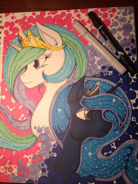 Size: 720x960 | Tagged: safe, artist:eraserrain16, derpibooru import, princess celestia, princess luna, sisters, traditional art