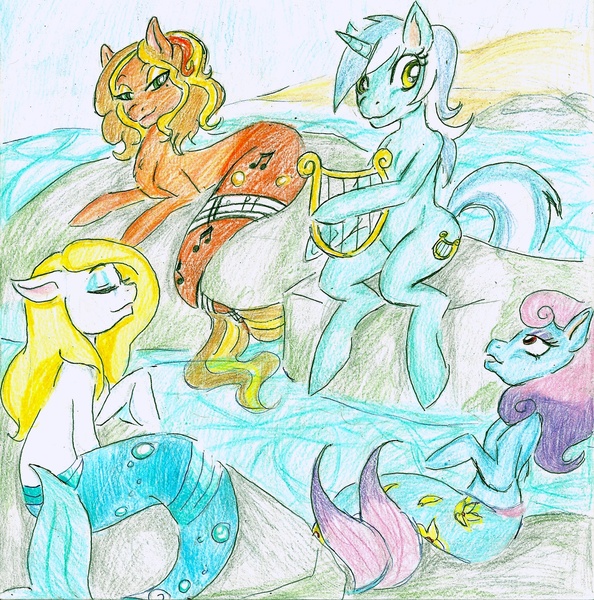 Size: 1698x1715 | Tagged: artist:coraline-176, derpibooru import, lyra heartstrings, lyre, merpony, oc, ocean, safe, traditional art