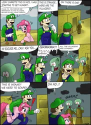 Size: 2550x3506 | Tagged: artist:ciriliko, carrot, comic, creeper, crossover, luigi, meme, minecraft, pinkie pie, safe, spongebob squarepants, squidward tentacles, super mario bros., villager