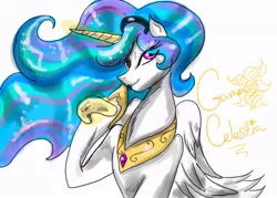 Size: 700x500 | Tagged: artist:astroboygf, controller, derpibooru import, gamer celestia, headset, levitation, princess celestia, safe, simple background, solo