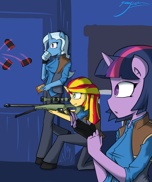 Size: 1500x1800 | Tagged: safe, artist:xonitum, derpibooru import, sunset shimmer, trixie, twilight sparkle, anthro, unguligrade anthro, unicorn, equestria girls, counterparts, crossover, gun, horn, magical trio, mug, oh shit, optical sight, peanut butter crackers, rifle, scrunchy face, sniper, sniper rifle, team fortress 2, this will end in death, twilight's counterparts, weapon