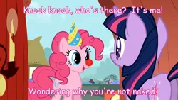 Size: 1280x720 | Tagged: source needed, safe, derpibooru import, edit, edited screencap, screencap, pinkie pie, twilight sparkle, party of one, butt, caption, comic sans, door, female, hat, jon lajoie, lesbian, lyrics, party hat, plot, shipping, show me your genitals, singing telegram, twinkie, we don't normally wear clothes