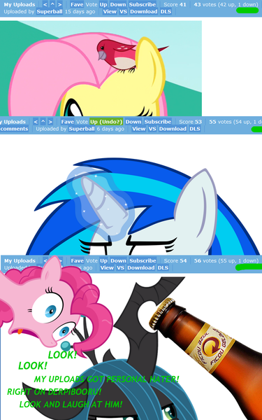 Size: 749x1200 | Tagged: safe, derpibooru import, screencap, fluttershy, pinkie pie, queen chrysalis, vinyl scratch, bird, changeling, changeling queen, pony, derpibooru, beer, female, glasses, hater, house finch, meta