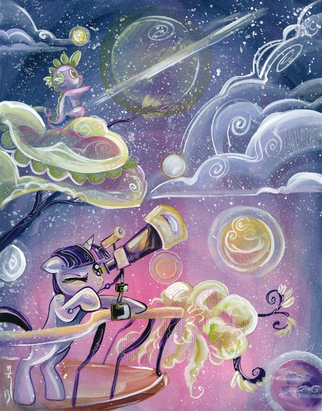 Size: 1180x1504 | Tagged: safe, artist:sararichard, derpibooru import, idw, spike, twilight sparkle, night, telescope, traditional art