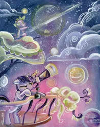 Size: 1180x1504 | Tagged: safe, artist:sararichard, derpibooru import, idw, spike, twilight sparkle, night, telescope, traditional art