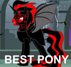 Size: 609x575 | Tagged: safe, derpibooru import, oc, unofficial characters only, alicorn, bat pony, bat pony alicorn, pony, pony creator, 9000 hours in pony creator, alicorn oc, best pony, caption, donut steel, edgy, evil, familiar, red and black oc, solo, text, tricorn